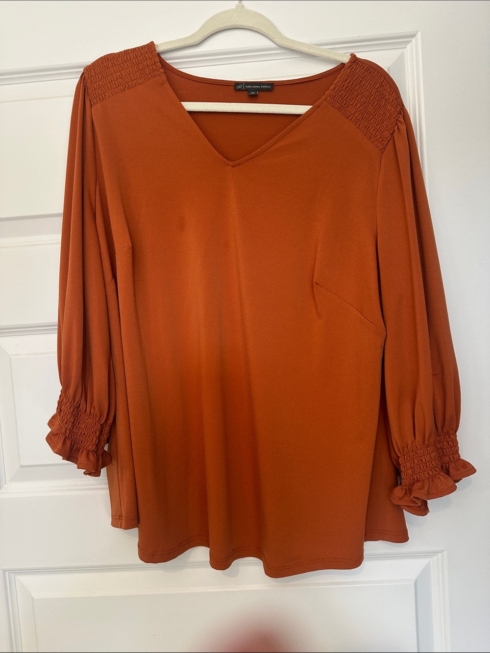 Adrianna Papell Rust Smocked-Shoulder V-Neck Blouse